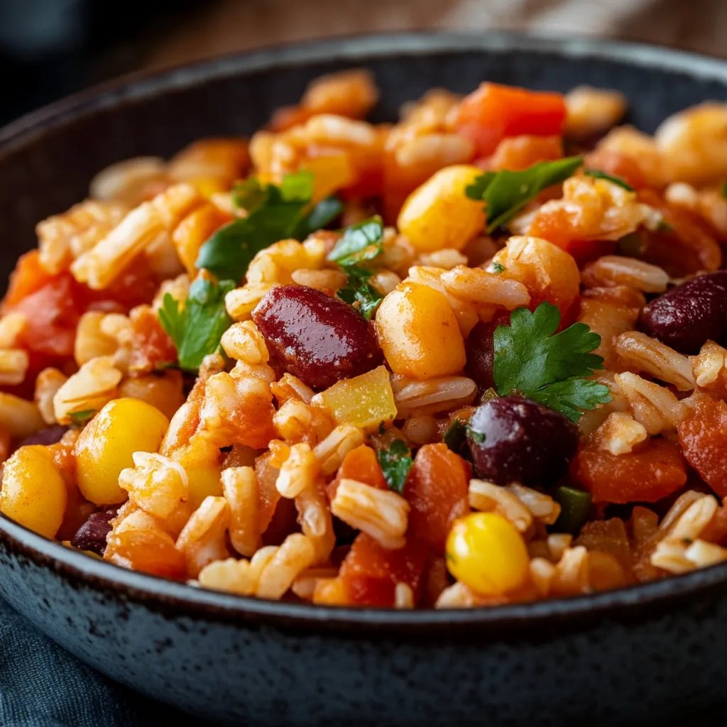 Vegetarische Reispfanne mit Kidneybohnen, Mais und Paprika